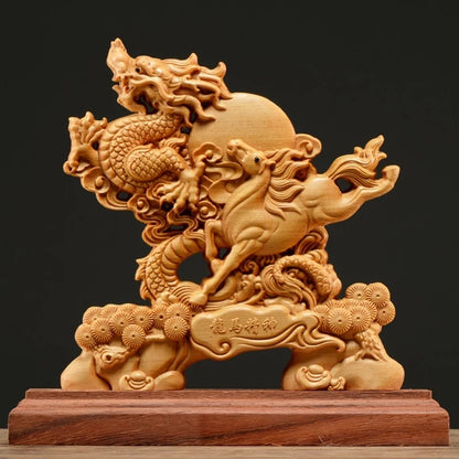 Thuja Wood 21CM Dragon Horse Sculpture Decorative Dish Hollow Wood Carving Lucky Gift Animal Collection Home Decor