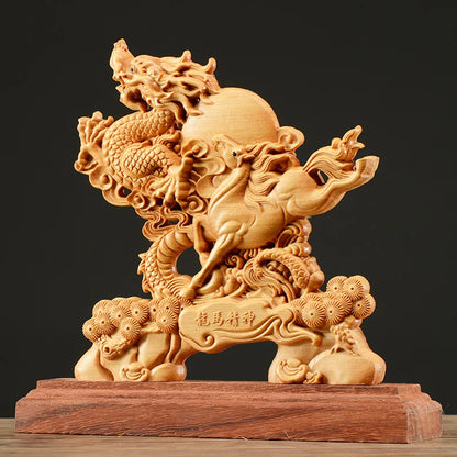 Thuja Wood 21CM Dragon Horse Sculpture Decorative Dish Hollow Wood Carving Lucky Gift Animal Collection Home Decor