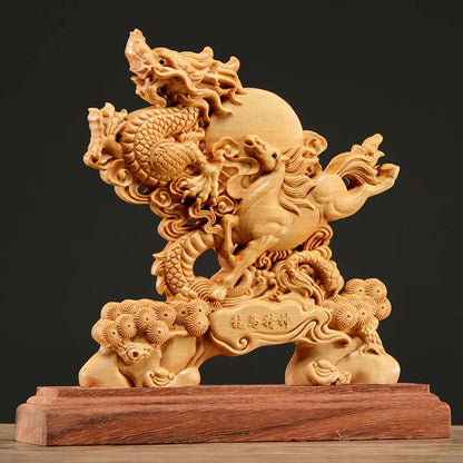 Thuja Wood 21CM Dragon Horse Sculpture Decorative Dish Hollow Wood Carving Lucky Gift Animal Collection Home Decor