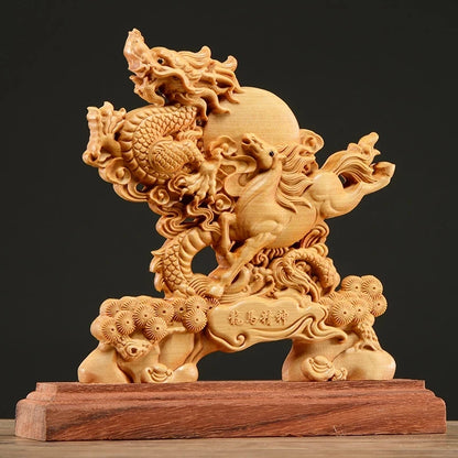 Thuja Wood 21CM Dragon Horse Sculpture Decorative Dish Hollow Wood Carving Lucky Gift Animal Collection Home Decor