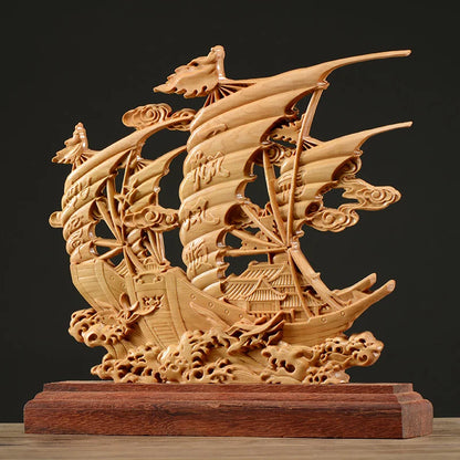 Thuja Wood 21CM Sailboat Sculpture Decorative Dish Double Sided Hollow Wood Carving Lucky Gift Boat Collection Home Decor