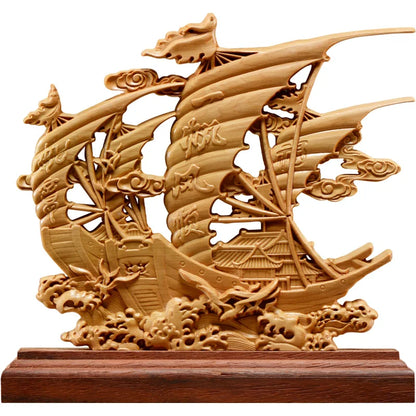Thuja Wood 21CM Sailboat Sculpture Decorative Dish Double Sided Hollow Wood Carving Lucky Gift Boat Collection Home Decor