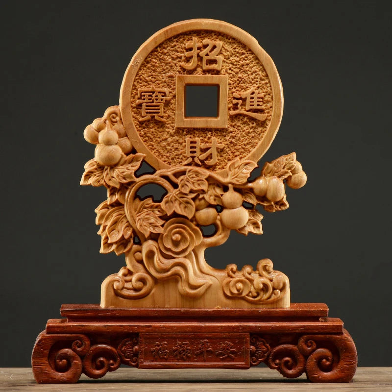 Thuja Wood 22CM Rich Coin Sculpture Decorative Dish Hollow Wood Wealth Carving Lucky Gift Collection Home Decor