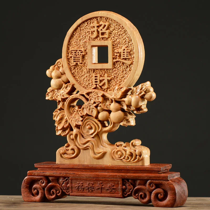 Thuja Wood 22CM Rich Coin Sculpture Decorative Dish Hollow Wood Wealth Carving Lucky Gift Collection Home Decor