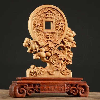 Thuja Wood 22CM Rich Coin Sculpture Decorative Dish Hollow Wood Wealth Carving Lucky Gift Collection Home Decor