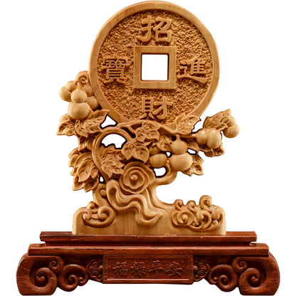 Thuja Wood 22CM Rich Coin Sculpture Decorative Dish Hollow Wood Wealth Carving Lucky Gift Collection Home Decor
