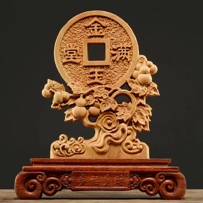 Thuja Wood 22CM Rich Coin Sculpture Decorative Dish Hollow Wood Wealth Carving Lucky Gift Collection Home Decor