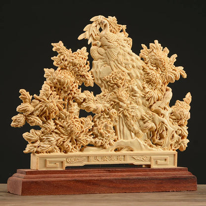 Thuja Wood 22CM Rich Peacock Peony Sculpture Decorative Dish Hollow Wood Carving Lucky Gift Peace Animal Collection Home Decor