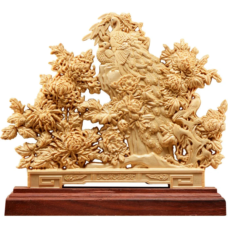 Thuja Wood 22CM Rich Peacock Peony Sculpture Decorative Dish Hollow Wood Carving Lucky Gift Peace Animal Collection Home Decor