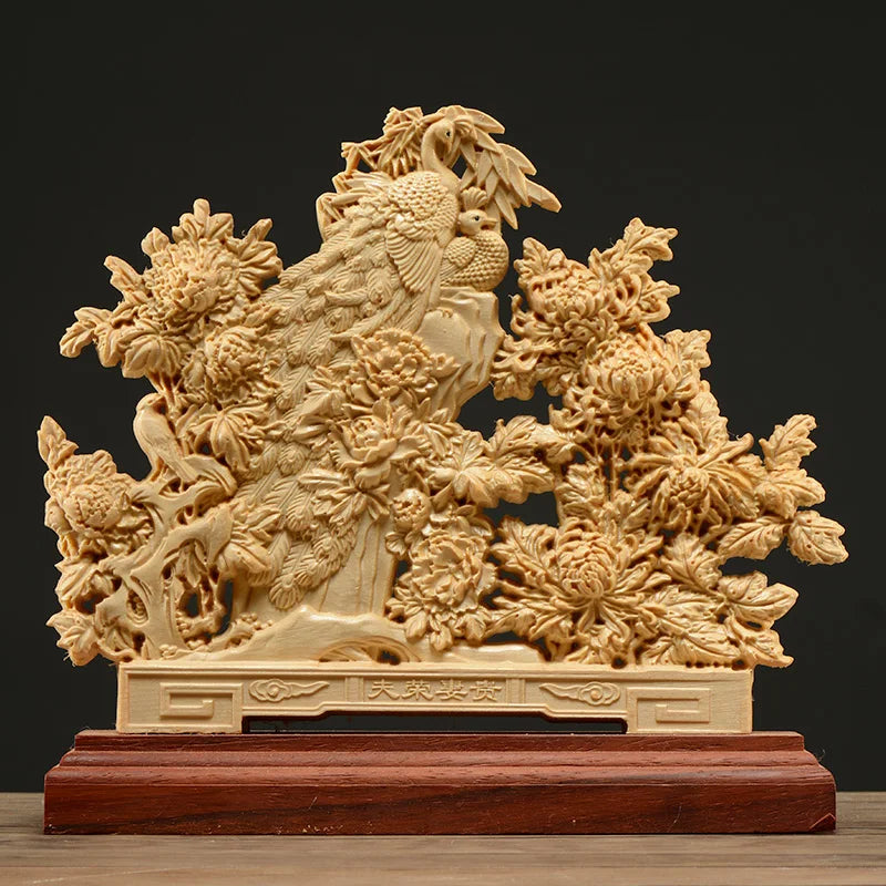 Thuja Wood 22CM Rich Peacock Peony Sculpture Decorative Dish Hollow Wood Carving Lucky Gift Peace Animal Collection Home Decor