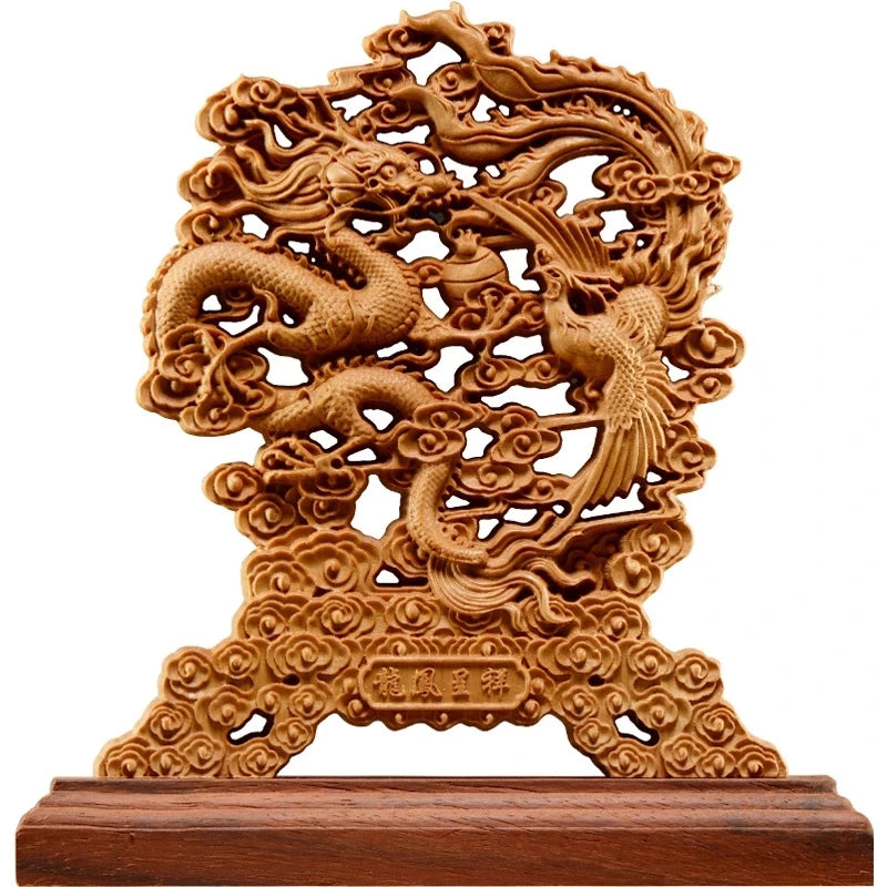 Thuja Wood 23CM Dragon Phoenix Sculpture Decorative Dish Hollow Wood Wealth Carving Lucky Gift Peaceful Collection Home Decor