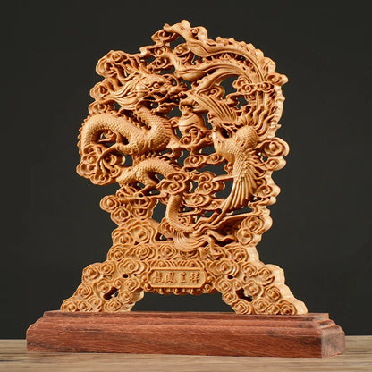 Thuja Wood 23CM Dragon Phoenix Sculpture Decorative Dish Hollow Wood Wealth Carving Lucky Gift Peaceful Collection Home Decor