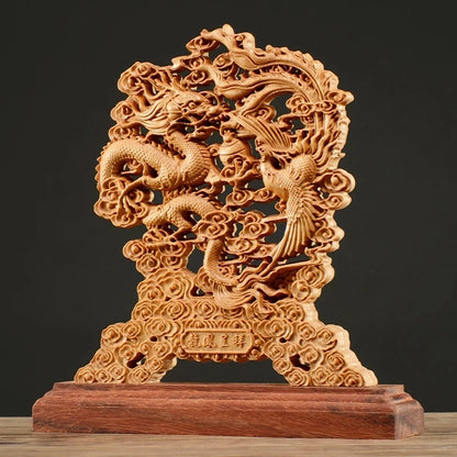 Thuja Wood 23CM Dragon Phoenix Sculpture Decorative Dish Hollow Wood Wealth Carving Lucky Gift Peaceful Collection Home Decor