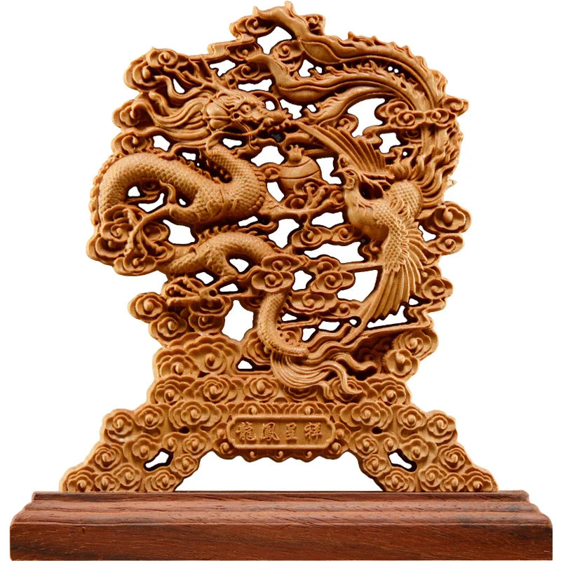 Thuja Wood 23CM Dragon Phoenix Sculpture Decorative Dish Hollow Wood Wealth Carving Lucky Gift Peaceful Collection Home Decor
