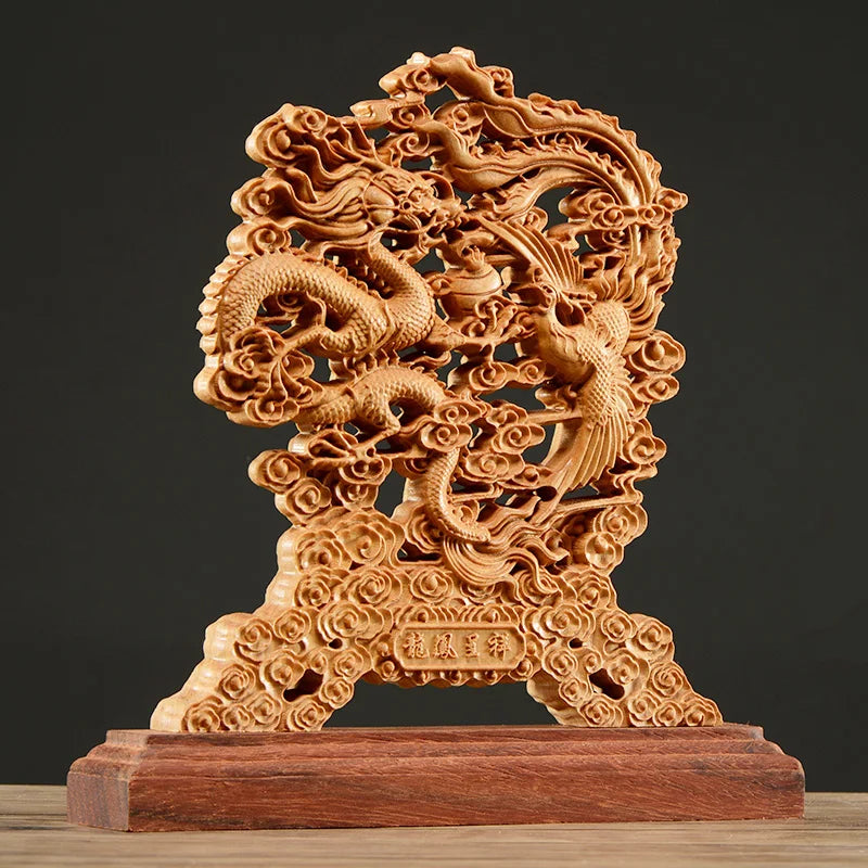 Thuja Wood 23CM Dragon Phoenix Sculpture Decorative Dish Hollow Wood Wealth Carving Lucky Gift Peaceful Collection Home Decor