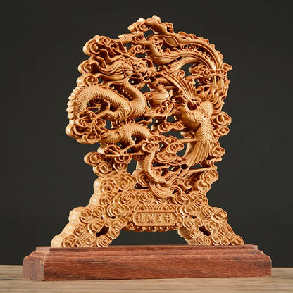 Thuja Wood 23CM Dragon Phoenix Sculpture Decorative Dish Hollow Wood Wealth Carving Lucky Gift Peaceful Collection Home Decor