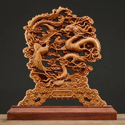 Thuja Wood 23CM Dragon Phoenix Sculpture Decorative Dish Hollow Wood Wealth Carving Lucky Gift Peaceful Collection Home Decor