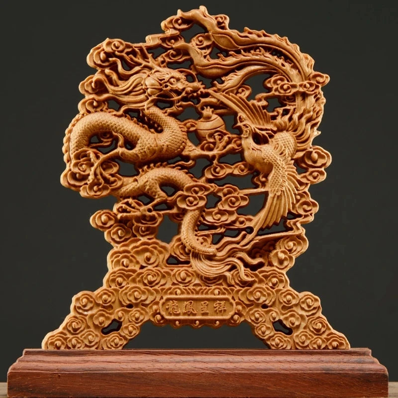 Thuja Wood 23CM Dragon Phoenix Sculpture Decorative Dish Hollow Wood Wealth Carving Lucky Gift Peaceful Collection Home Decor