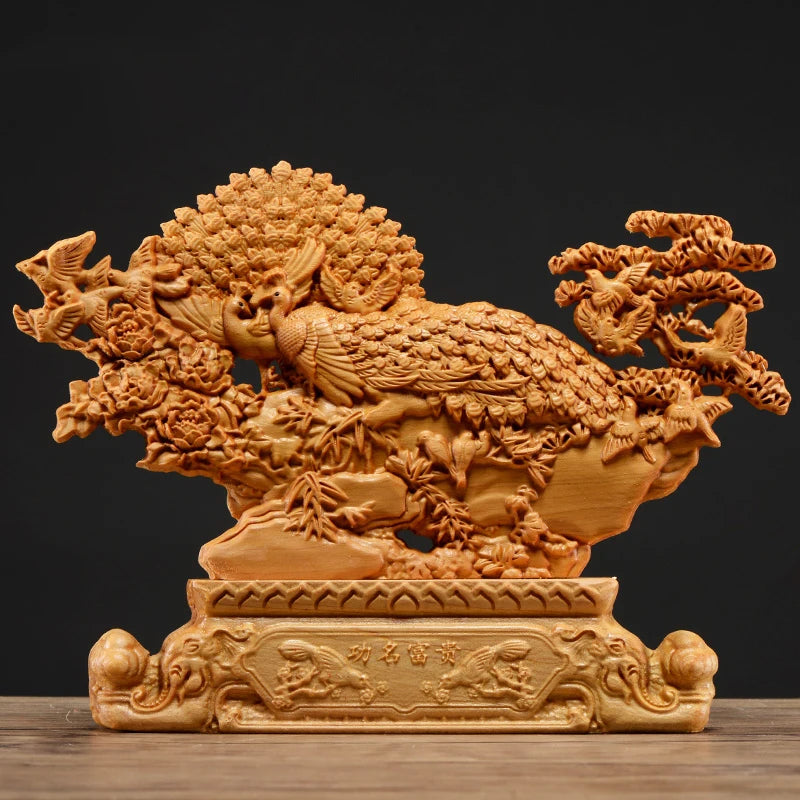 Thuja Wood 25CM Rich Peacock Sculpture Decorative Dish Hollow Wood Wealth Carving Lucky Gift Animal Collection Home Decor