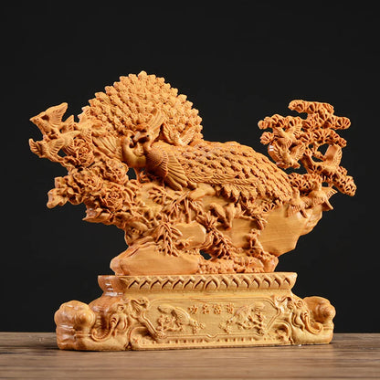 Thuja Wood 25CM Rich Peacock Sculpture Decorative Dish Hollow Wood Wealth Carving Lucky Gift Animal Collection Home Decor