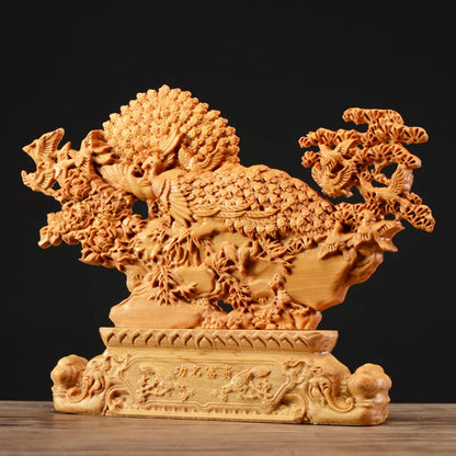Thuja Wood 25CM Rich Peacock Sculpture Decorative Dish Hollow Wood Wealth Carving Lucky Gift Animal Collection Home Decor