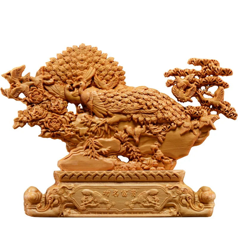 Thuja Wood 25CM Rich Peacock Sculpture Decorative Dish Hollow Wood Wealth Carving Lucky Gift Animal Collection Home Decor