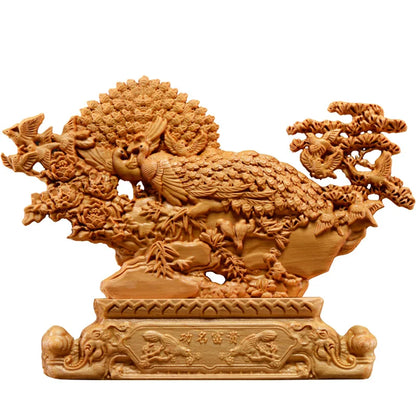 Thuja Wood 25CM Rich Peacock Sculpture Decorative Dish Hollow Wood Wealth Carving Lucky Gift Animal Collection Home Decor