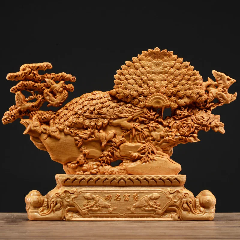 Thuja Wood 25CM Rich Peacock Sculpture Decorative Dish Hollow Wood Wealth Carving Lucky Gift Animal Collection Home Decor