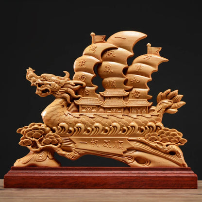Thuja Wood 26CM Dragon Boat Sculpture Decorative Dish Hollow Wood Wealth Carving Lucky Gift Sailboat Collection Home Decor