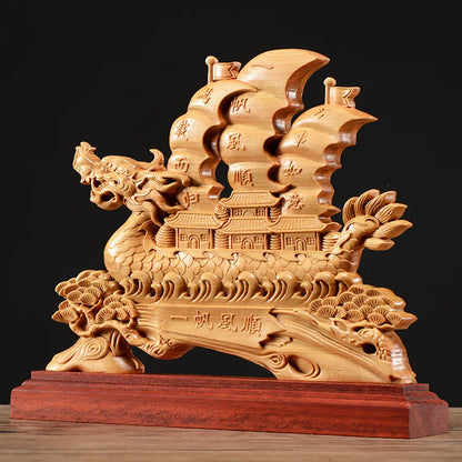 Thuja Wood 26CM Dragon Boat Sculpture Decorative Dish Hollow Wood Wealth Carving Lucky Gift Sailboat Collection Home Decor
