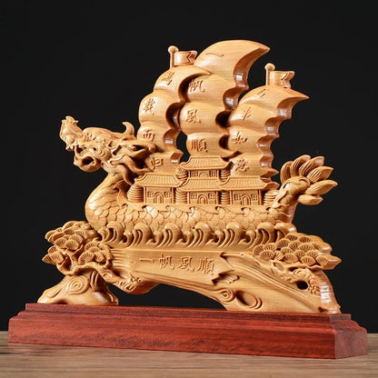 Thuja Wood 26CM Dragon Boat Sculpture Decorative Dish Hollow Wood Wealth Carving Lucky Gift Sailboat Collection Home Decor