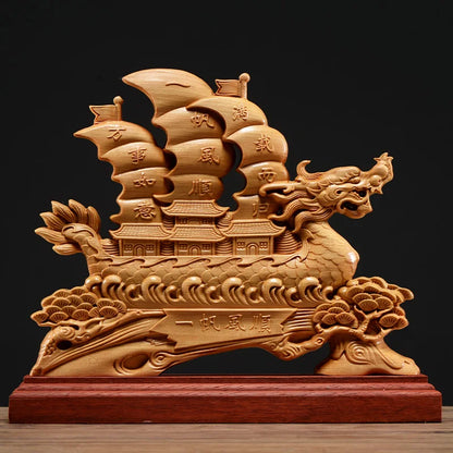 Thuja Wood 26CM Dragon Boat Sculpture Decorative Dish Hollow Wood Wealth Carving Lucky Gift Sailboat Collection Home Decor