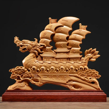 Thuja Wood 26CM Dragon Boat Sculpture Decorative Dish Hollow Wood Wealth Carving Lucky Gift Sailboat Collection Home Decor
