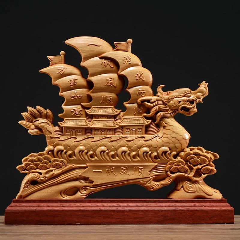 Thuja Wood 26CM Dragon Boat Sculpture Decorative Dish Hollow Wood Wealth Carving Lucky Gift Sailboat Collection Home Decor