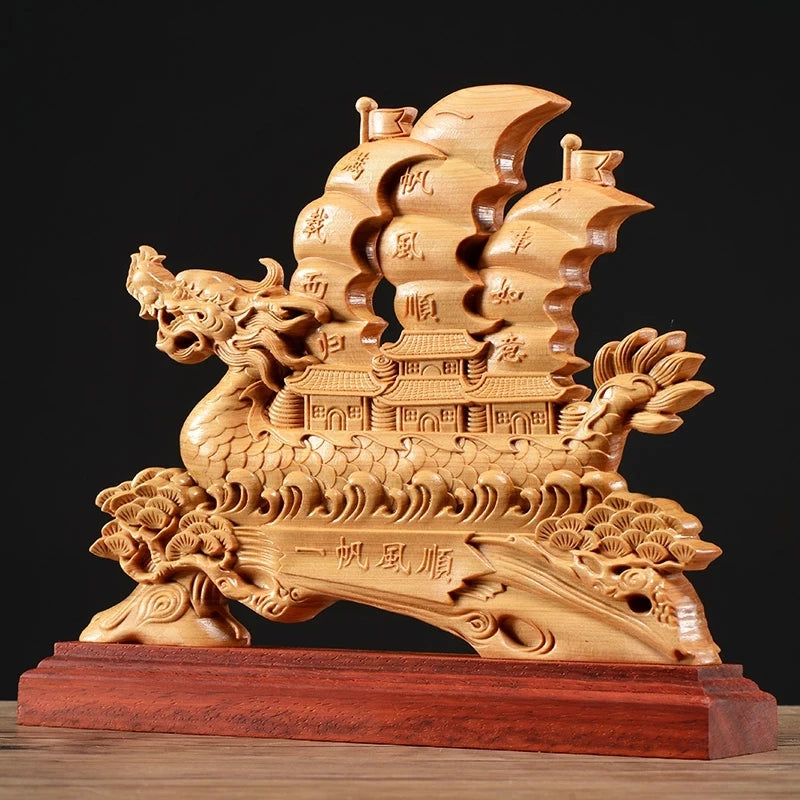Thuja Wood 26CM Dragon Boat Sculpture Decorative Dish Hollow Wood Wealth Carving Lucky Gift Sailboat Collection Home Decor