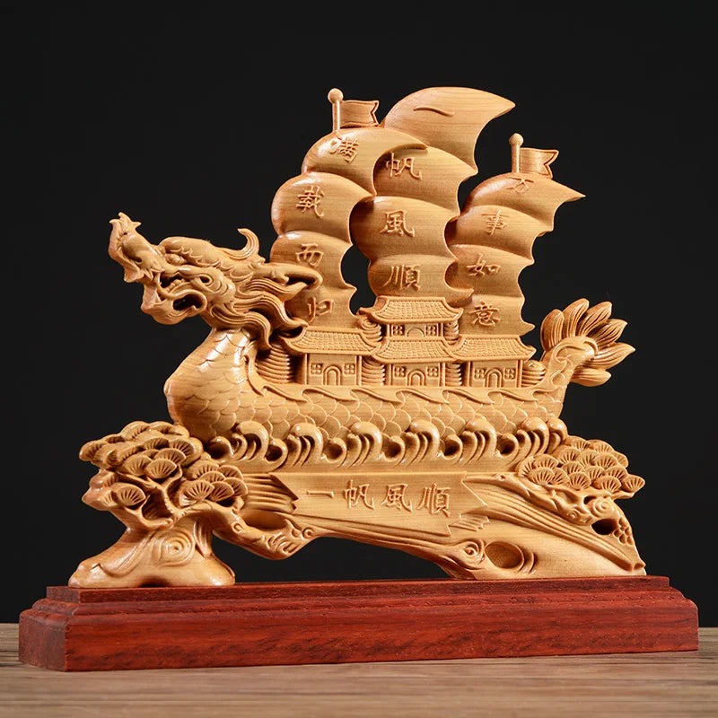 Thuja Wood 26CM Dragon Boat Sculpture Decorative Dish Hollow Wood Wealth Carving Lucky Gift Sailboat Collection Home Decor