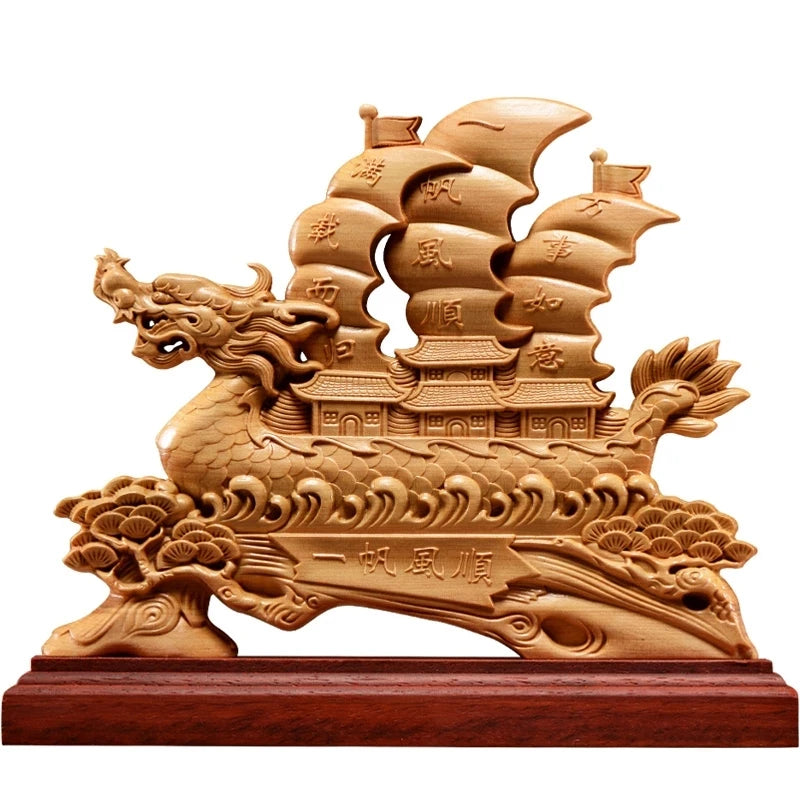 Thuja Wood 26CM Dragon Boat Sculpture Decorative Dish Hollow Wood Wealth Carving Lucky Gift Sailboat Collection Home Decor