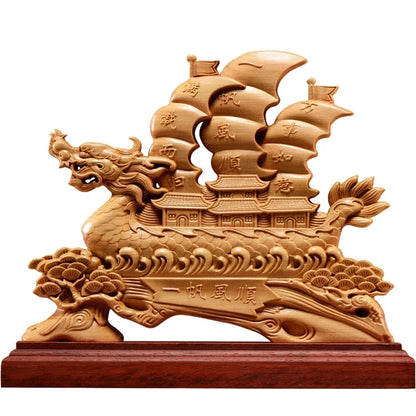 Thuja Wood 26CM Dragon Boat Sculpture Decorative Dish Hollow Wood Wealth Carving Lucky Gift Sailboat Collection Home Decor