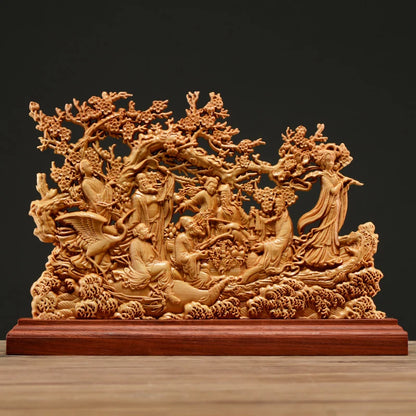 Thuja Wood 33CM Eight Immortals Sculpture Decorative Dish Hollow Wood Carving Lucky Gift God of Wealth Collection Home Decor