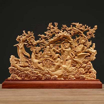 Thuja Wood 33CM Eight Immortals Sculpture Decorative Dish Hollow Wood Carving Lucky Gift God of Wealth Collection Home Decor