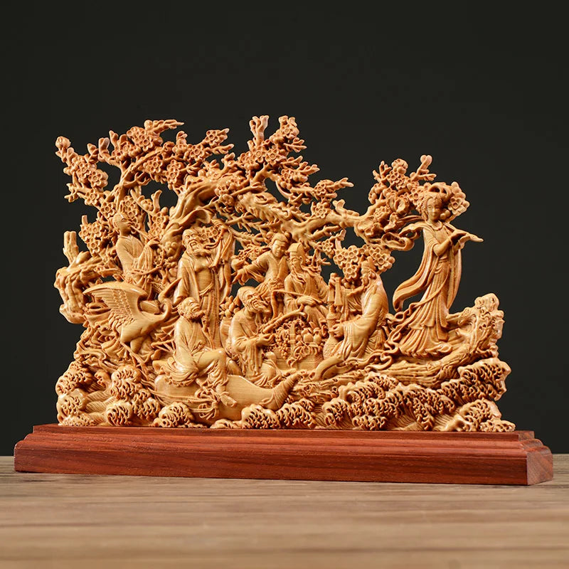Thuja Wood 33CM Eight Immortals Sculpture Decorative Dish Hollow Wood Carving Lucky Gift God of Wealth Collection Home Decor