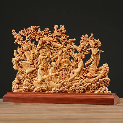 Thuja Wood 33CM Eight Immortals Sculpture Decorative Dish Hollow Wood Carving Lucky Gift God of Wealth Collection Home Decor