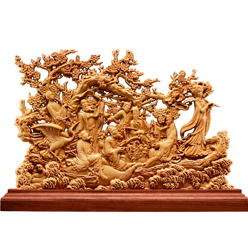 Thuja Wood 33CM Eight Immortals Sculpture Decorative Dish Hollow Wood Carving Lucky Gift God of Wealth Collection Home Decor