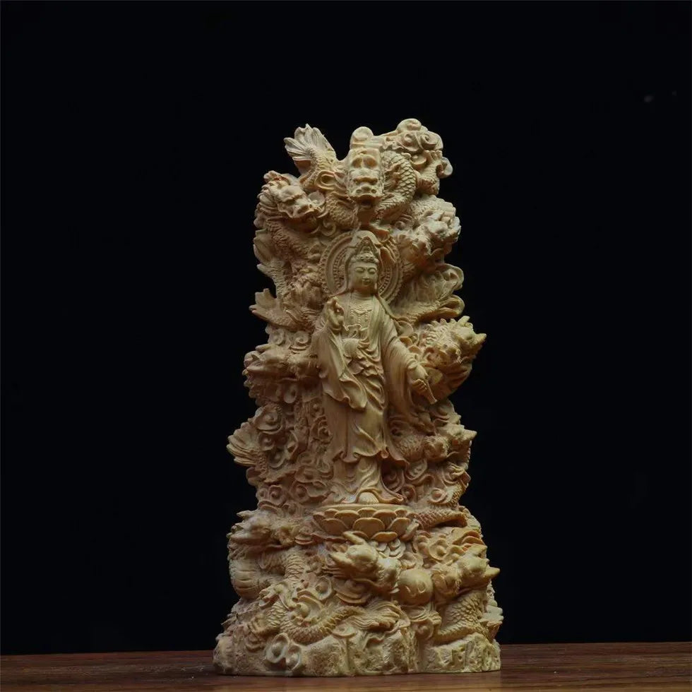 Thuja Wood/Boxwood 20cm Nine Dragons Guanyin Buddha Real Wood Traditional Chinese Scuplture Figure Statue Collection