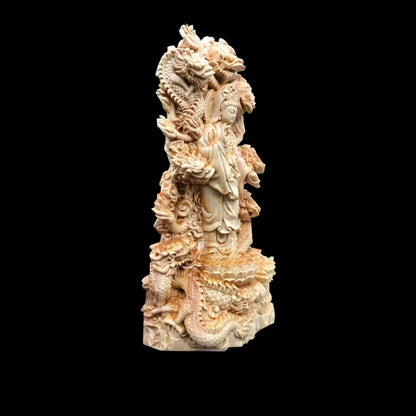 Thuja Wood/Boxwood 20cm Nine Dragons Guanyin Buddha Real Wood Traditional Chinese Scuplture Figure Statue Collection