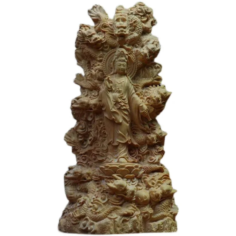 Thuja Wood/Boxwood 20cm Nine Dragons Guanyin Buddha Real Wood Traditional Chinese Scuplture Figure Statue Collection