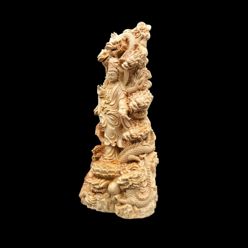 Thuja Wood/Boxwood 20cm Nine Dragons Guanyin Buddha Real Wood Traditional Chinese Scuplture Figure Statue Collection