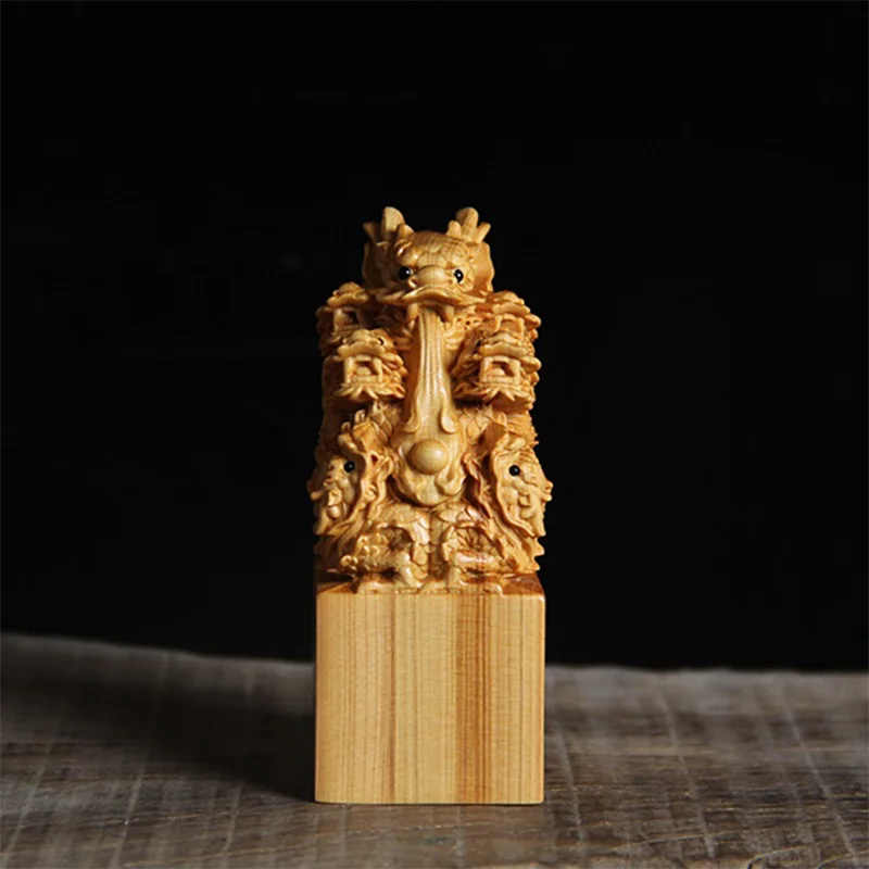Thuja Wood/Boxwood 9cm Seal of Nine Dragons Playing Pearls Myth Animal Traditional Chinese Sculpture Office Decoration Statue