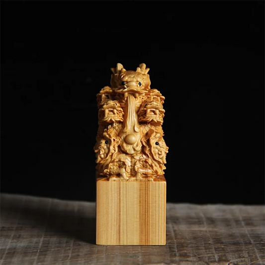 Thuja Wood/Boxwood 9cm Seal of Nine Dragons Playing Pearls Myth Animal Traditional Chinese Sculpture Office Decoration Statue