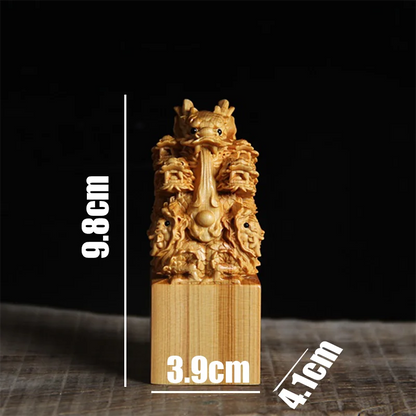 Thuja Wood/Boxwood 9cm Seal of Nine Dragons Playing Pearls Myth Animal Traditional Chinese Sculpture Office Decoration Statue